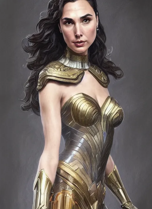 Image similar to full length photo of gal gadot wearing a dress, intricate, elegant, highly detailed, digital painting, artstation, concept art, matte, sharp focus, illustration, hearthstone, art by artgerm and greg rutkowski and alphonse mucha