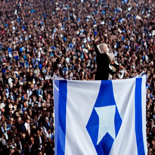 Image similar to Lady Gaga as president, Argentina presidential rally, Argentine flags behind, bokeh, giving a speech, detailed face, Argentina