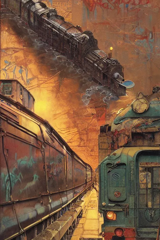 Image similar to trains covered in dripping graffiti paint, by lawrence alma tadema and zdzislaw beksinski and norman rockwell and jack kirby and tom lovell and greg staples and hiroshi yoshid and moebius and loish and artgerm, painterly, symmetrical, ultra detailed, hyper realistic, illustration, sunset lighting