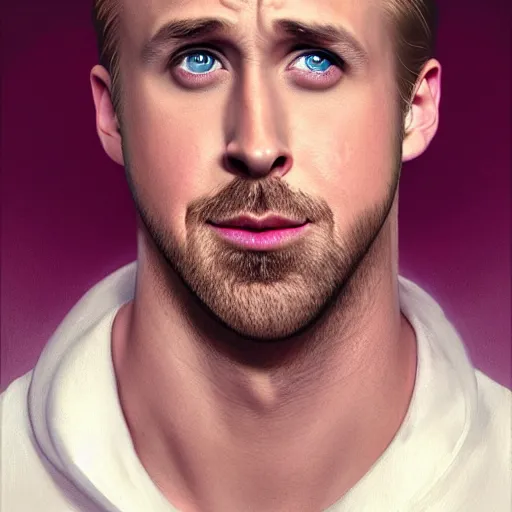 Image similar to ryan gosling doing gay gestures, surprised, mouth open, pink lighting ultra realistic photorealistic highly detailed high quality, a stunningly, digital painting, artstation, concept art, smooth, sharp focus, illustration, art by artgerm and greg rutkowski and alphonse mucha 8 k