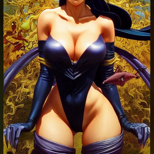 Image similar to highly detailed vfx portrait of nico robin by eiichiro oda!, yusuke murata, magali villeneuve, greg rutkowski, makoto shinkai, tom bagshaw, alphonse mucha, sharp focus, art by artgerm and stanley kubrick, backlit, johannes vermeer, fiona staples, harsh overhead sunlight,