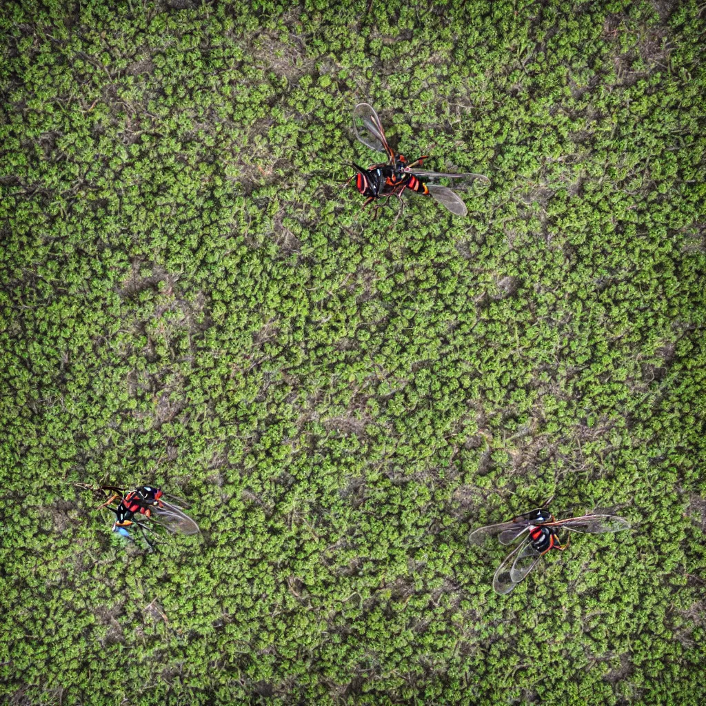 Image similar to biomimetic robot flying over a food forest, killing wasps with automatic lasers in the australian outback, XF IQ4, 150MP, 50mm, F1.4, ISO 200, 1/160s, natural light