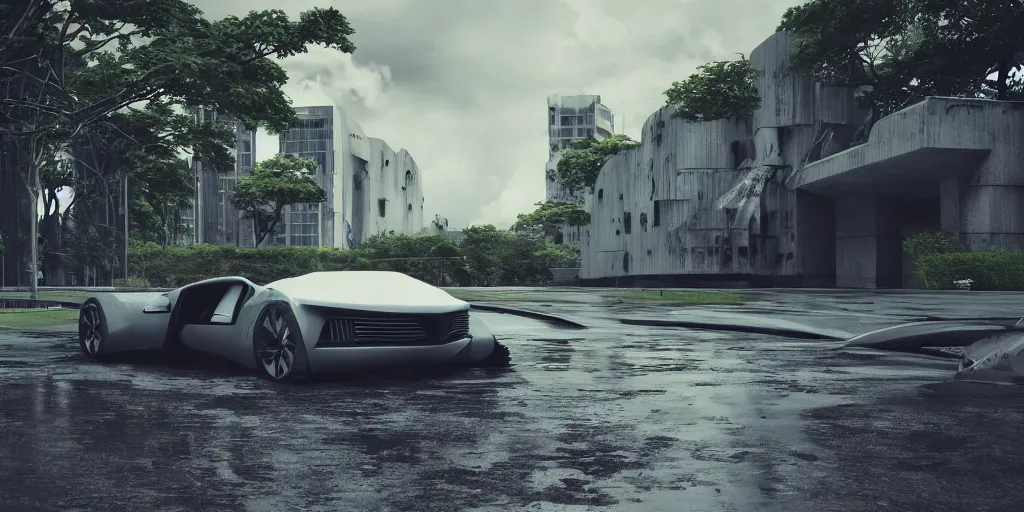 Image similar to highly detailed futuristic car, on the background brutalist architecture by Le Corbusier, abandoned buildings, empty streetscapes, surrounded by lush green vegetation, ground-level view, puddles of water, stunning volumetric lighting, sunset, trending on Artstation, 8k, photorealistic, hyper detailed, unreal engine 5, cinematic, epic lighting, cryengine, octane render, nvidia ray tracing, cyberpunk, red and orange glow, dark, gloomy