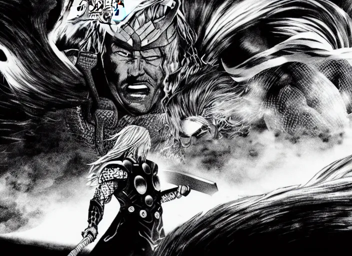 Image similar to thor with blond hair catches lightning and holds an ax in an epic battle with storm clouds with faces monsters by tsutomu nihei, black and white, epic battle background, comic, cinematic