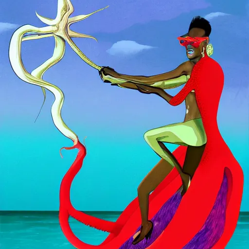 Image similar to grace jones riding on a giant squid, digital art