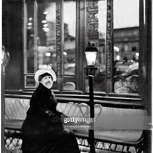 Image similar to An edwardian woman sitting outside a cafe in paris at night, the moon is in the sky, the eiffel tower is visible in the background