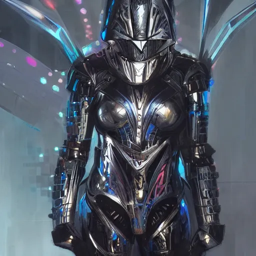 Prompt: the omnipotent assassin, vivid award winning digital artwork, intricate black sharp iridescent hooded semi - cybernetic armour, beautiful iridescent technology and weapon, detailed realistic colors, character art by greg rutkowski and artgerm