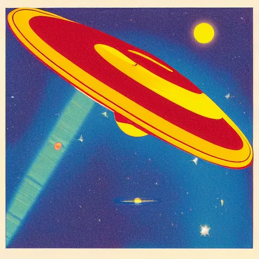 Image similar to nasa spacecraft entering the atmosphere of a planet, 1 9 7 0 s illustration, saturated colors