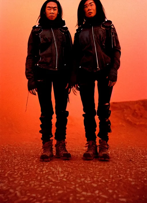 Image similar to cinestill 5 0 d photographic portrait of two loving clones, women wearing rugged black techwear on a desolate plain with a red sky, closeup, diverse species, cyberpunk, in front of a brutalist dark metal facility, dust storm, 3 5 mm, 8 k, depth of field, high resolution