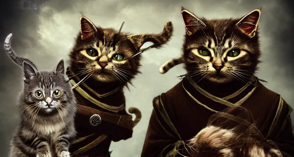 Image similar to if cats were lord of the rings characters, lotr, cats, cats dressed in lotr costumes, the fellowship of the ring as cats, hobbits, gandalf, elves, dwarves, multiple cats, 4 k, hyper realistic, artstation