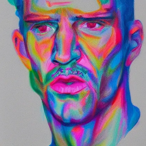 Prompt: a colorful drawing of a man's face and neck, an ultrafine detailed painting by reynolds beal, behance, figurative art, outlined art, fauvism, art on instagram