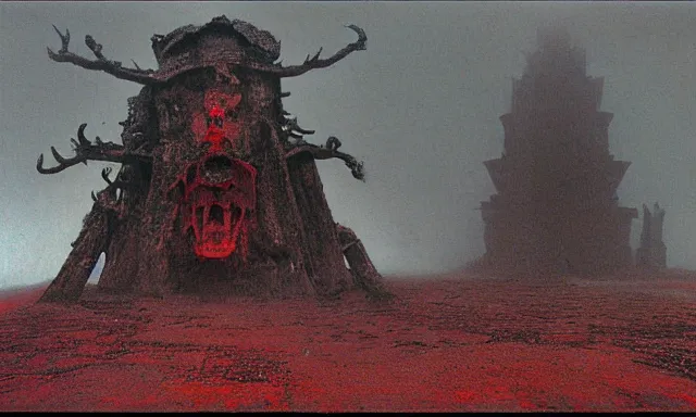 Prompt: a outside temple full of dark evil idol, deep rich decaying bleeding colors!, landscape photograph taken by giger and beksinski and chaos and midnight sun and death fog