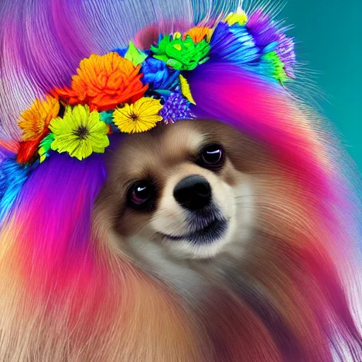 Image similar to long haired pomeranian dog with long colorful fur made of leaves and flower crown detailed painting 4 k