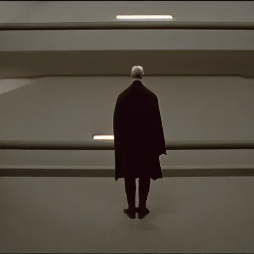 Prompt: Count Dooku standing on ledge observing dark dimly lit droid factory star wars still shot from Attack of The clones 720p