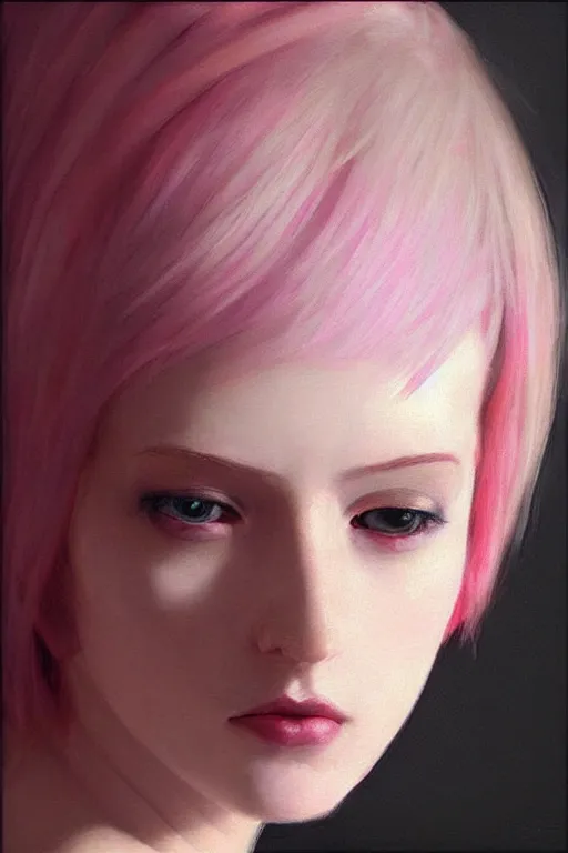 Image similar to “Portrait of a pale skin female with short pink hair, elegant, photorealistic, highly detailed, artstation, smooth, sharp focus, gold, neon lighting, sci-fi, art by Klimt.”