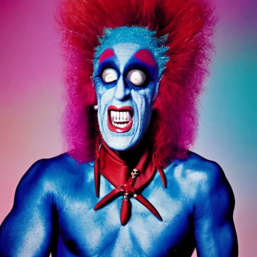 Prompt: UHD color candid photo of Dee Snider dressed as cosmic Freakazoid, accurate face, vivid colors, UHD photorealistic correct face photo by Annie Leibowitz