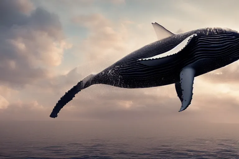 Image similar to ! dream a humpback whale flying in the air over an nfl football stadium ultra detailed realistic photograph cinematic lighting by jessica rossier