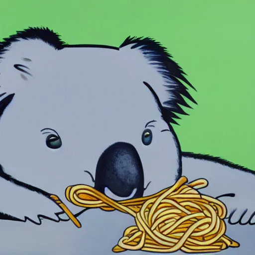 Image similar to a painting of a koala eating spaghetti in toon art style