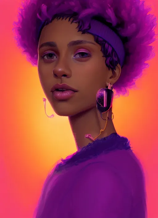 Image similar to portrait of teenage vanessa morgan with bright pink hair, black girl, curly pixie cut hair, wearing a purple breton cap, breton cap, hoop earrings, intricate, elegant, glowing lights, highly detailed, digital painting, artstation, concept art, smooth, sharp focus, illustration, art by wlop, mars ravelo and greg rutkowski