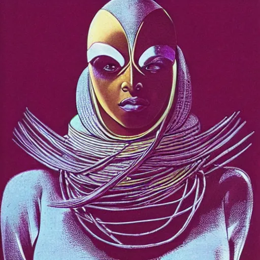 Prompt: african woman, cyberpunk, retro vintage art, cool, 80s, nomad, street style, symmetrical, 2d matte illustration, Stanisław Szukalski + Moebius,