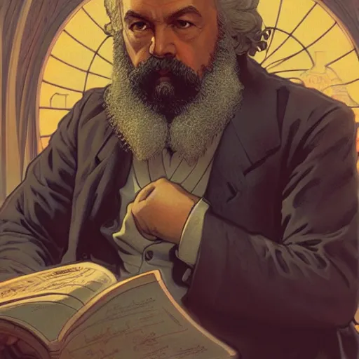 Image similar to Karl Marx pondering his orb, highly detailed, digital painting, artstation, concept art, smooth, sharp focus, illustration, art by todd lockwood and magalie villeneuve and alan lee and artgerm and greg rutkowski and alphonse mucha