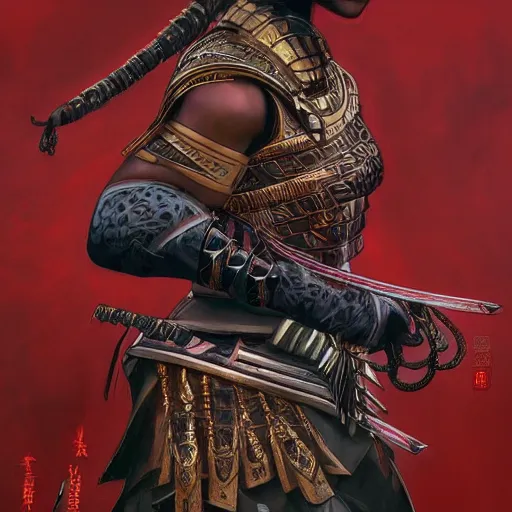 Image similar to a wakandan warrior wearing japanese samurai style armor, ultra realistic, concept art, intricate details, eerie, horror, highly detailed, photorealistic, octane render, 8 k, unreal engine. art by artgerm and greg rutkowski and alphonse mucha