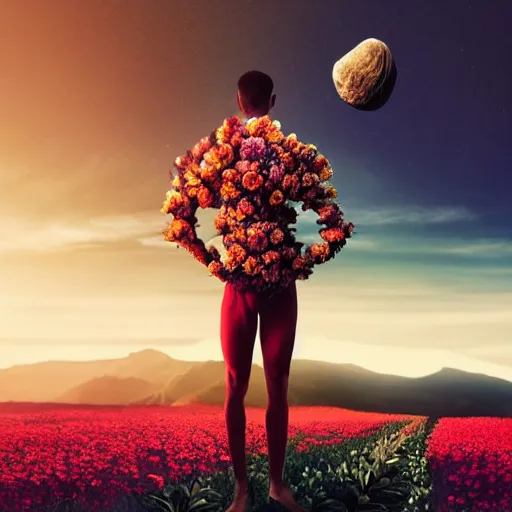 Image similar to A picture of a planet of various flowers, fungus and plants, in which the human figure is dressed in something magical and impressive, inside the picture is infinity, sunset light, Atmospheric phenomenon, artistic photography, muted colors, conceptual