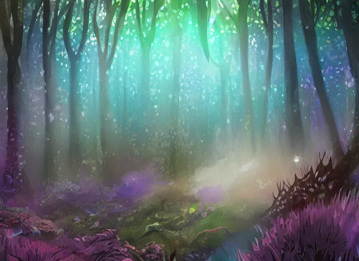 Image similar to ethereal crystals in a fantasy forest, digital painting
