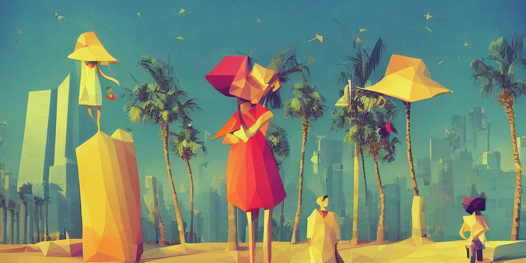 Prompt: low poly, pixar, tel aviv street, bauhaus, palm trees, magic realism, flowerpunk, mysterious vivid colors by andy kehoe and amanda clarke