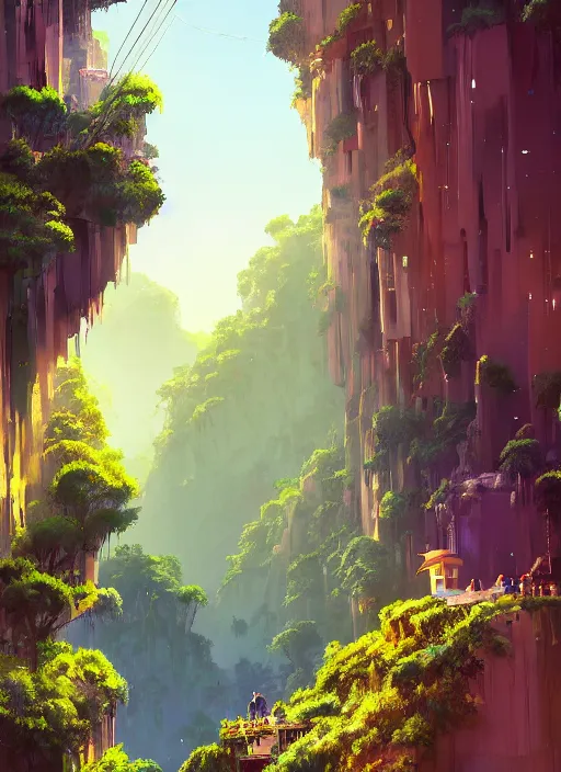 Prompt: city built on terraces in a gigantic canyon, lots of buildings connected by hanging bridges, waterfalls, glow coming from amber veins in the ground, lush vegetation, pitchblack sky, extremly detailed digital painting, in the style makoto shinkai and alena aenami, rim light, beautiful lighting, 8 k, stunning scene, raytracing, octane, trending on artstation