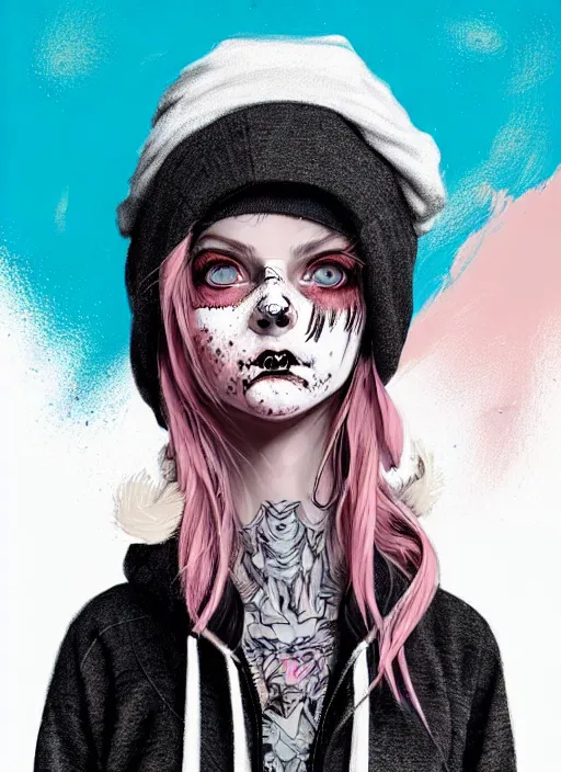 Image similar to highly detailed portrait of a swedish sewer punk lady student, blue eyes, tartan hoody, hat, white hair by atey ghailan, by greg tocchini, by kaethe butcher, by james gilleard, gradient pink, black, brown, cream and light blue color scheme, grunge aesthetic!!! ( ( graffiti tag wall white background ) )