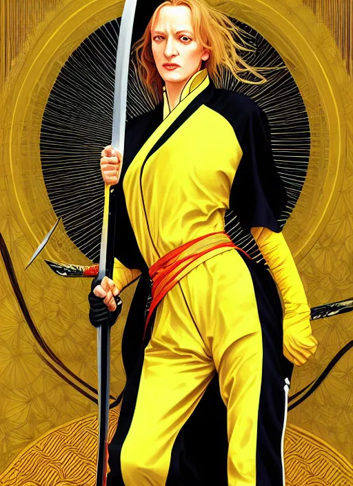 Image similar to uma thurman in kill bill, majestic sword warrior, rococo and art nouveau fusion, swinging reflective katana, yellow jumpsuit with black stripe, highly detailed, deep focus, elegant, digital painting, smooth, sharp focus, illustration, ultra realistic, japanese art by artgerm and alphonse mucha