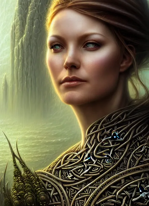 Image similar to closeup portrait shot of a celtic woman in a scenic dystopian environment, intricate, elegant, highly detailed, centered, digital painting, artstation, concept art, smooth, sharp focus, illustration, artgerm, tomasz alen kopera, peter mohrbacher, donato giancola, joseph christian leyendecker, wlop, boris vallejo