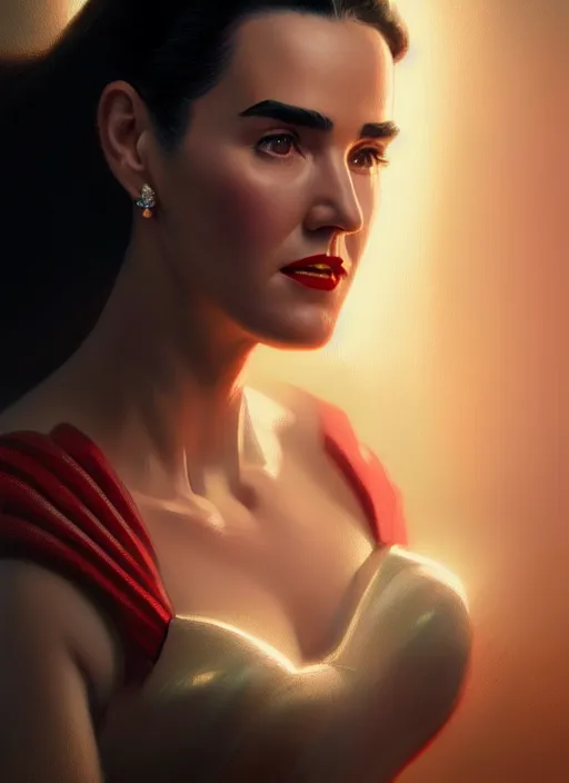 Image similar to portrait of 1 9 5 0 s darna, jennifer connelly, intricate, elegant, glowing lights, highly detailed, digital painting, artstation, glamor pose, concept art, smooth, sharp focus, illustration, art by wlop, mars ravelo and greg rutkowski