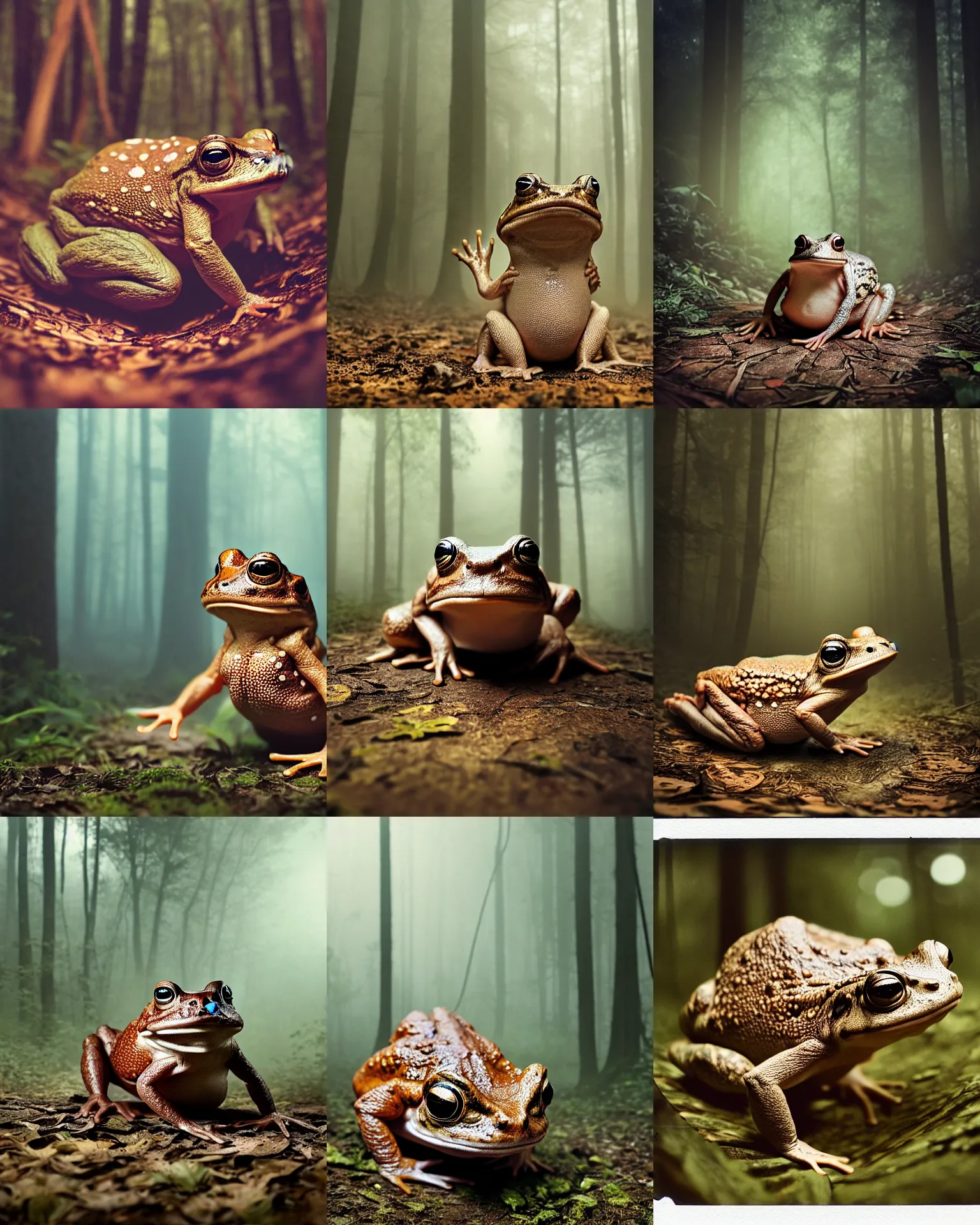 Prompt: macro hyper-realistic hypnotoad, on forest jungle path, Polaroid photo, vintage , neutral dull colors, soft lights, foggy mist , by oleg oprisco , by thomas peschak, by discovery channel, by victor enrich , by gregory crewdson