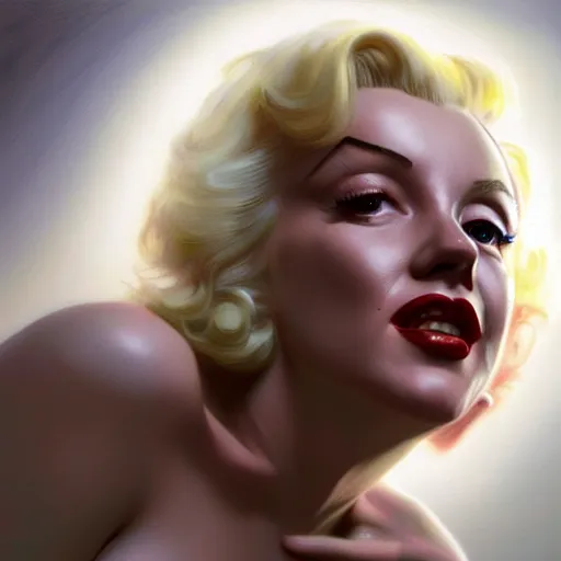 Image similar to a hyper - realistic character concept art portrait of marilyn monroe, depth of field background, artstation, award - winning realistic sci - fi concept art by jim burns and greg rutkowski, beksinski, a realism masterpiece, james gilleard, bruegel, alphonse mucha, and yoshitaka amano.