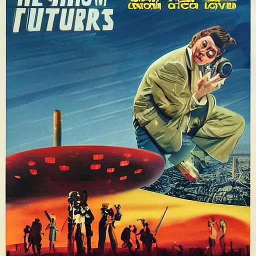 Prompt: retrofuturism movie poster depicting lots of splinters broken mirrors in an apocalyptic environment