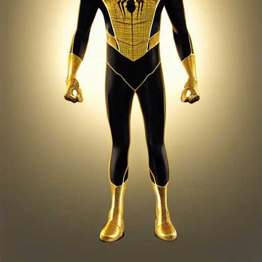 Image similar to gold spider - man suit with black web lining, cinematic, volumetric lighting, realistic, hyperdetailed, photorealistic, photograph