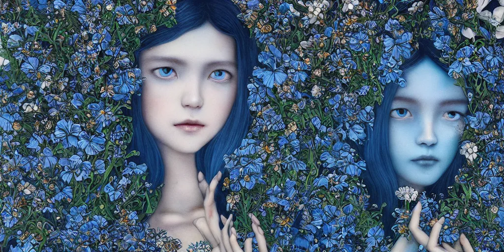 Image similar to breathtaking detailed concept art painting of the goddesses of nemophila flowers, orthodox saint, with anxious, piercing eyes, ornate background, amalgamation of leaves and flowers, by Hsiao-Ron Cheng, James jean, Miho Hirano, Hayao Miyazaki, extremely moody lighting, Black paper, cut paper texture, Full of light-blue and silver and white layers, 8K