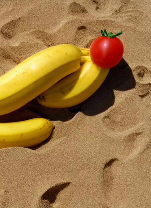 Image similar to jeff goldblum as a banana tomato on the sand of a beach