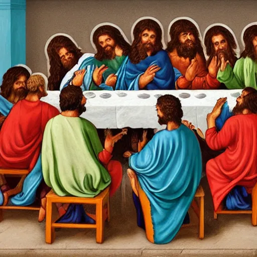 Image similar to painting of the last supper as pizza party