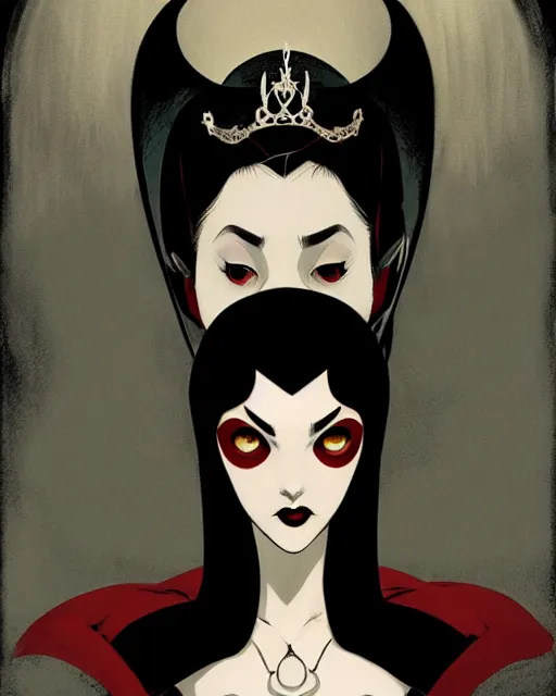 Prompt: beautiful vampire princess with tiara, symmetrical face, evil, portrait, cinematic, dramatic, powerful, super detailed and intricate, by koson ohara, by darwyn cooke, by greg rutkowski, by satoshi kon