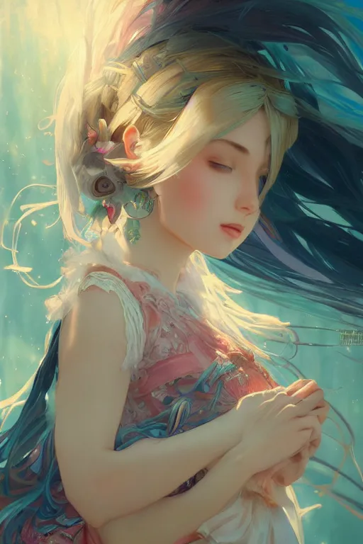 Image similar to beautiful, miku, final fantsy, digital painting, portrait , cinematic lighting, highly detailed, artstation, concept art, illustration, smooth, sharp focus, editor's pickup, trending on artstation, trending on deviantart, alphonse mucha, WLOP