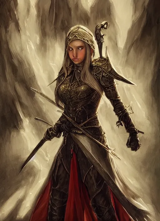 Prompt: female elf armed with two long swords, in the style of tolkien, fantasy art, dramatic lighting, highly detailed oil painting