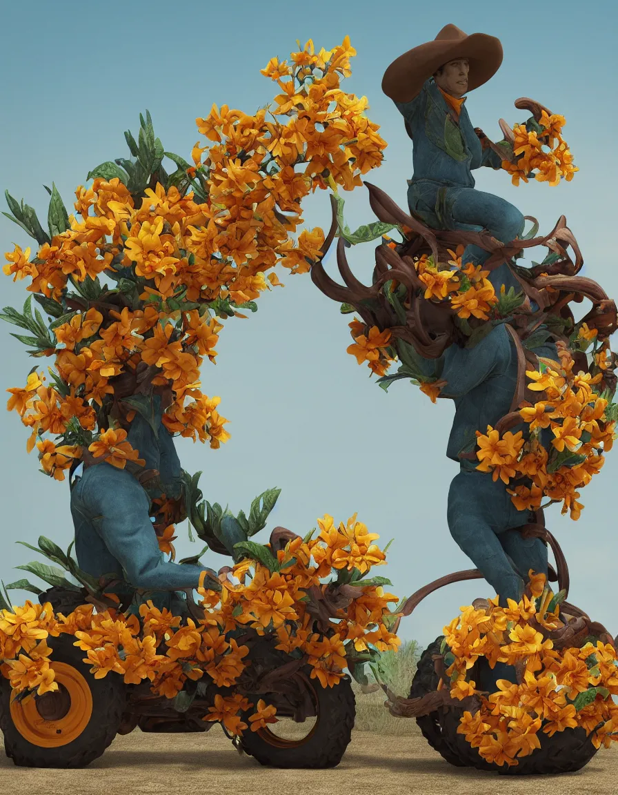 Image similar to a cowboy turning into blooms. tropical sea slugs, tractor tires. complementary colors. national geographic. 8 k, rendered in octane, smooth gradients. sculpture by antonio canova