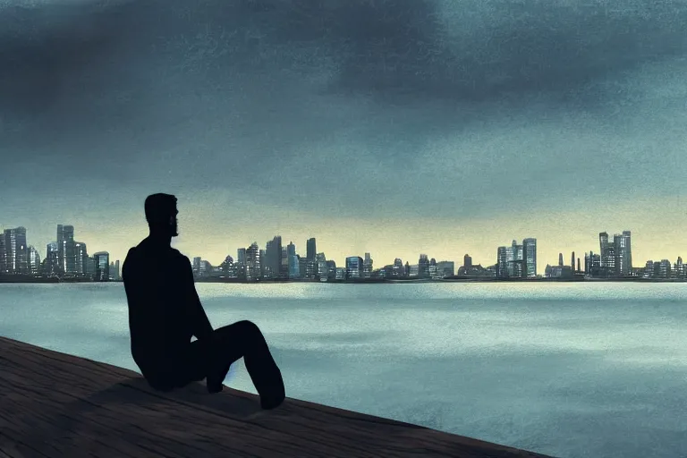 Image similar to A man sitting on a jetty, city in the background, cinematic lighting, Digital Painting