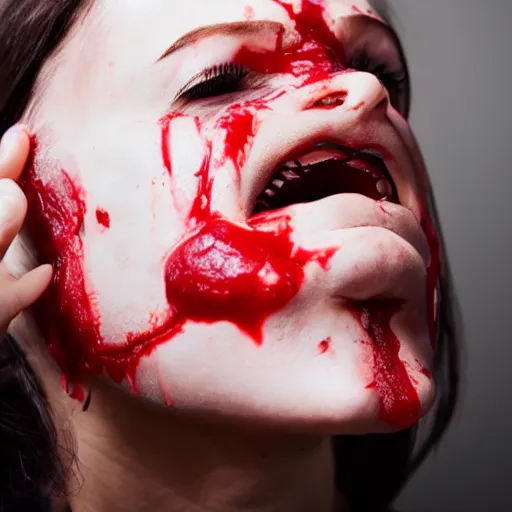Prompt: photo of a woman eating a raw steak with blood on her face