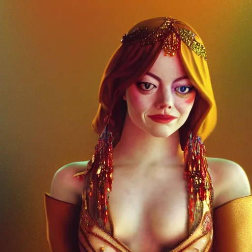 Image similar to a photorealistic portrait of actress emma stone dressed as a belly dancer, arabian night, volumetric lightening, octane render, high quality, fully detailed, 4 k, in focus sharp face with fine details, her hands by albrecht durer, inspired by belly dancer on youtube, alphonse mucha, masterpiece, stunning