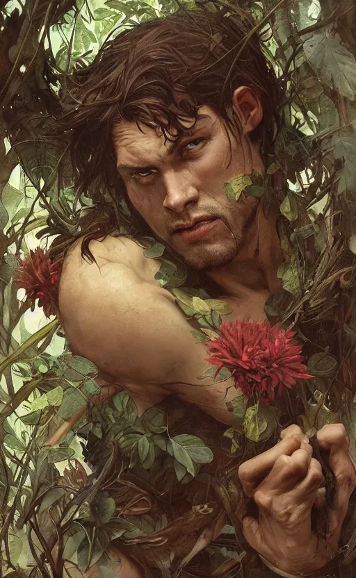 Prompt: god of the forest, rocksteady, rugged, handsome, male, detailed face, clean lines, atmospheric lighting, amazing, full body, thighs, flowers, muscular, intricate, highly detailed, digital painting, deviantart, concept art, sharp focus, illustration, art by greg rutkowski and alphonse mucha