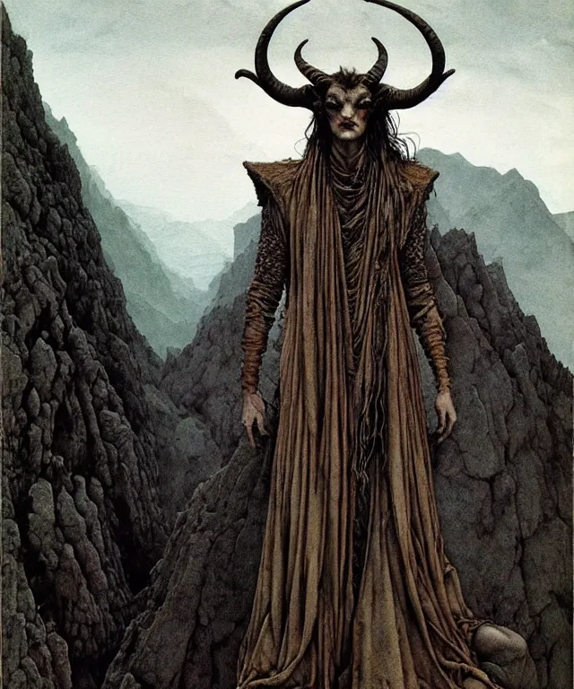 Image similar to A detailed horned goatwoman stands among the mountains. Wearing a ripped mantle, robe. Perfect faces, extremely high details, realistic, fantasy art, solo, masterpiece, art by Zdzisław Beksiński, Arthur Rackham, Dariusz Zawadzki